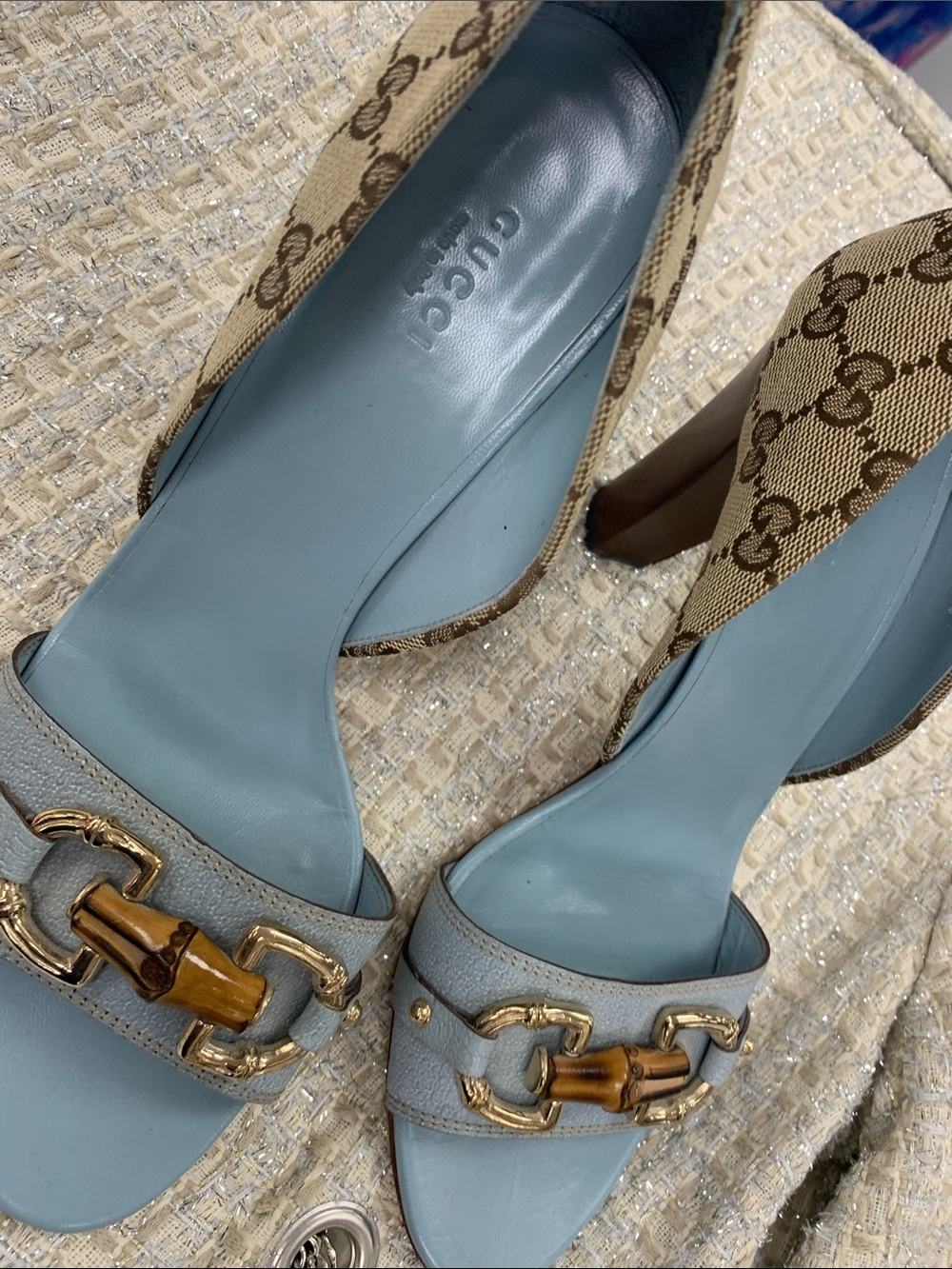Gucci Light Blue Leather Open-Toe Heels with Brown Monogram Canvas - Picture 6 of 7